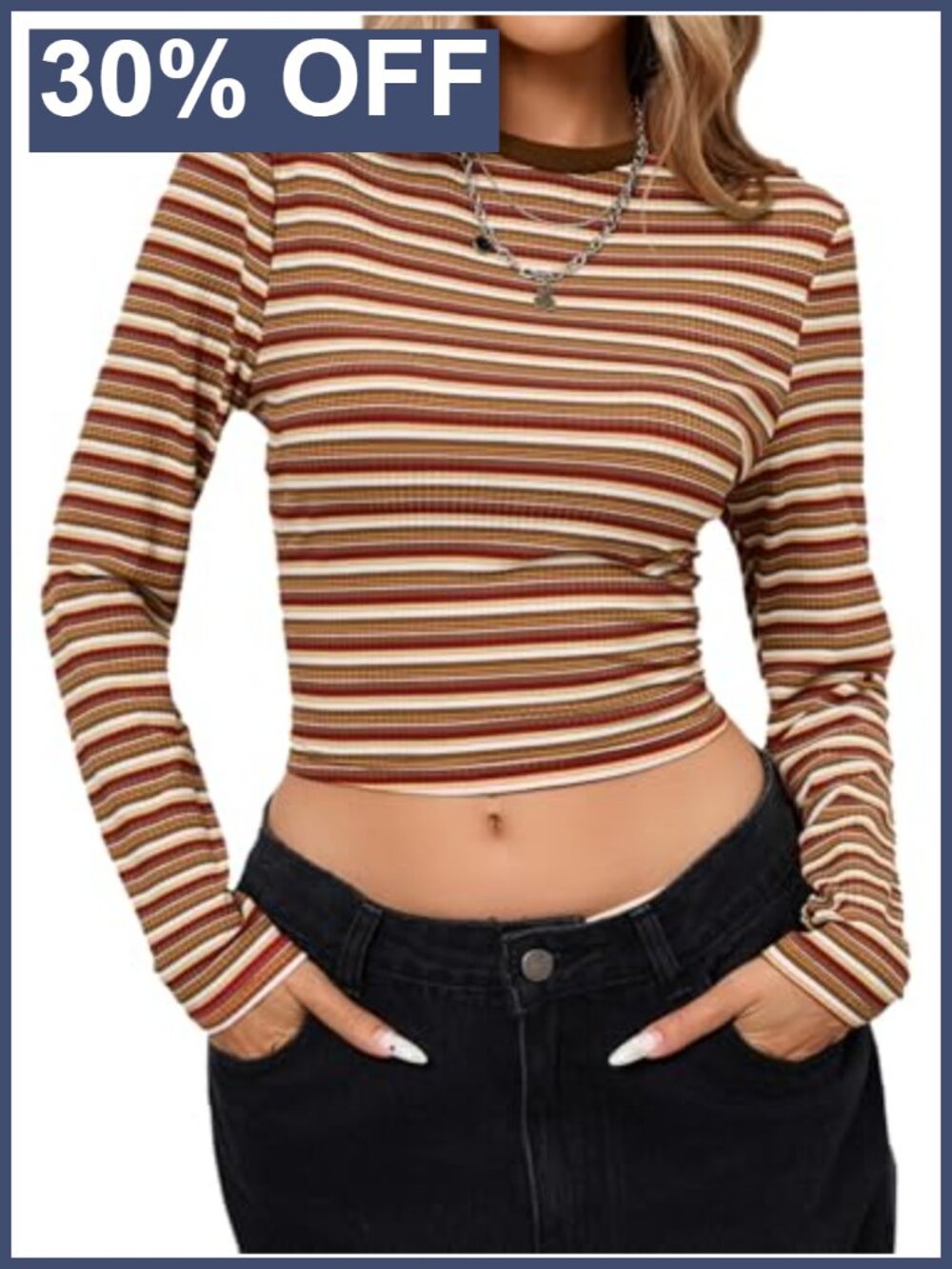 Women's Striped Ribbed Knit Long Sleeve Crop Top Fitted Crew Neck Tee